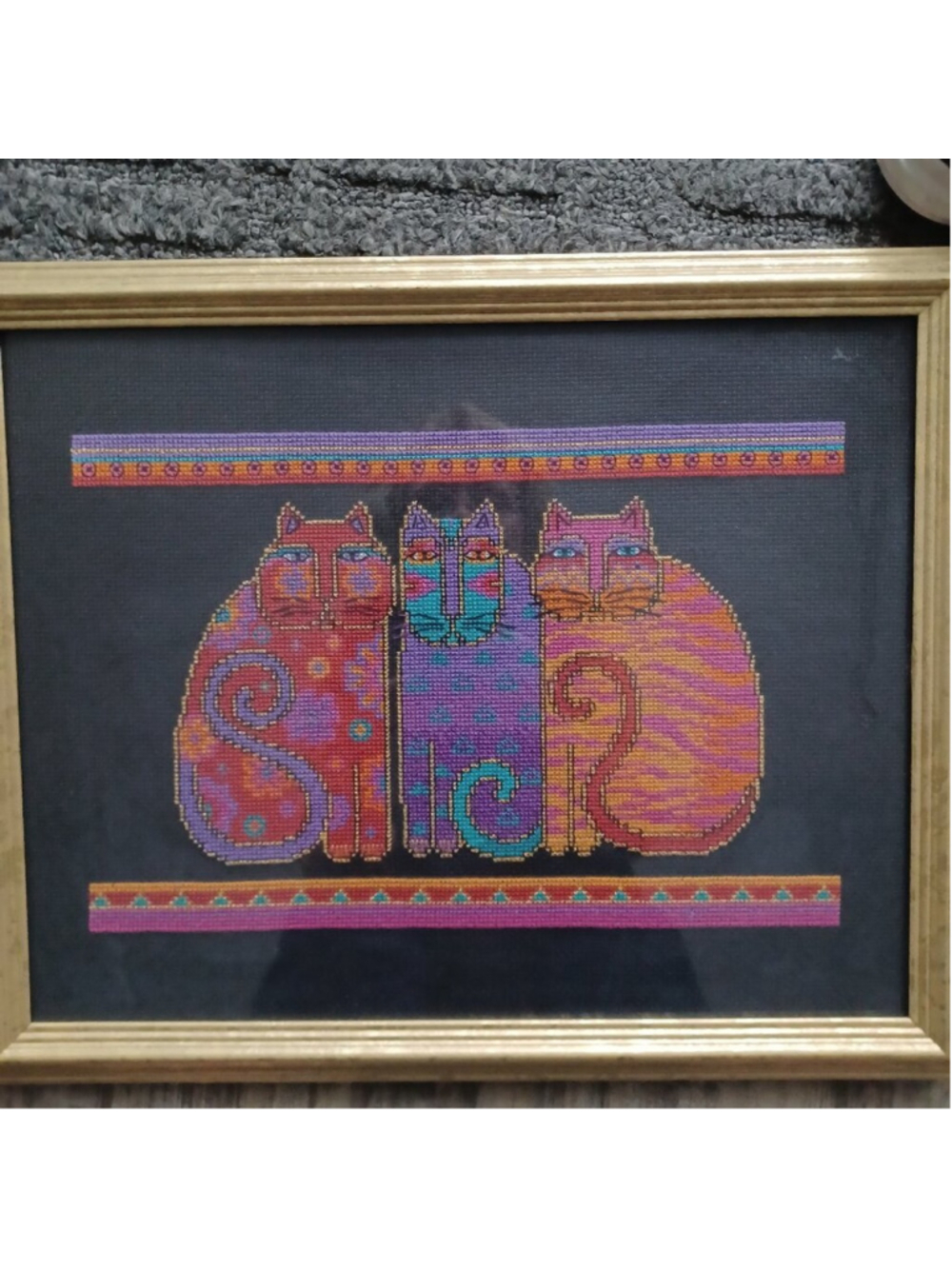Laurel Burch Completed And Framed Feline Friends Cross Stitch